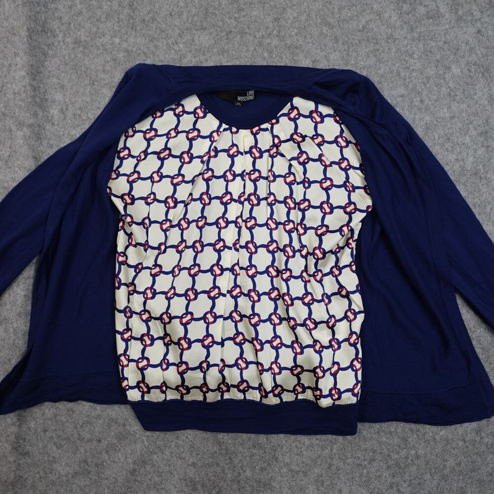 Love Moschino Sweater Womens Small? Cardigan Wool Chain Print Satin Inlay Blue